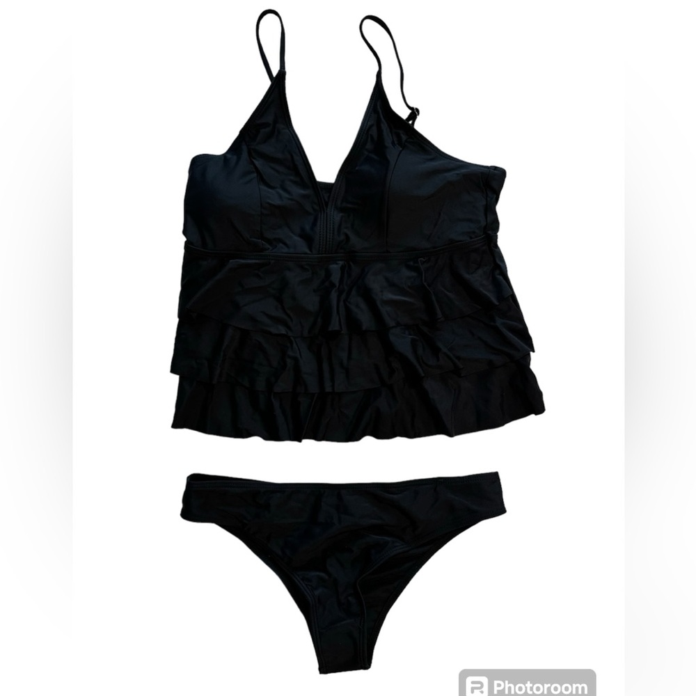 NIB SHEIN Ruffly Black Tankini size L